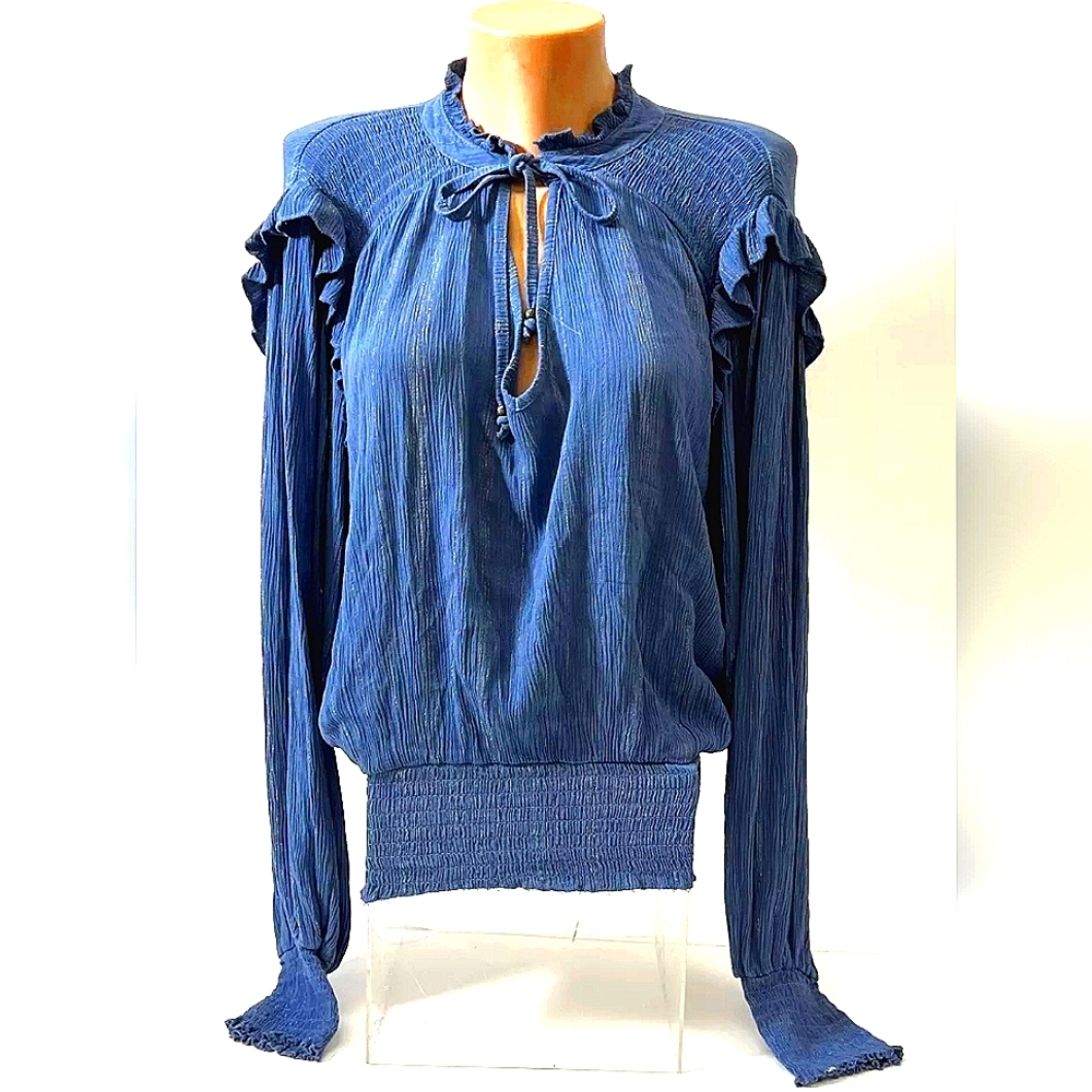 Ruffle-Detail Blue Tie-Neck Blouse